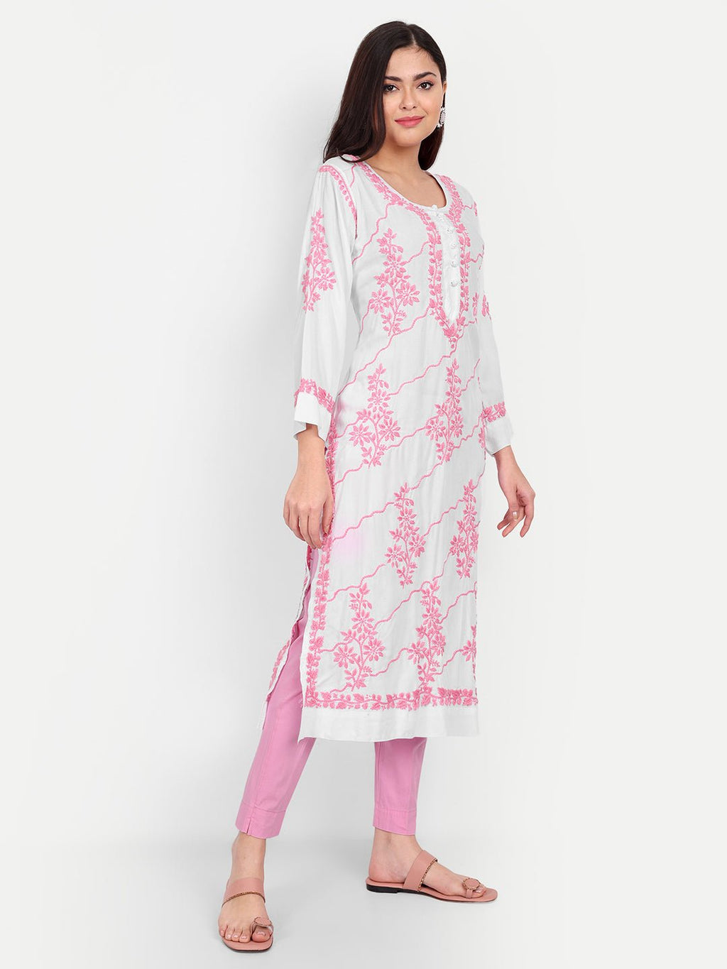 Lucknow Chikankari Hand Embroidered Long kurta Modal Cotton - Indiankala4u