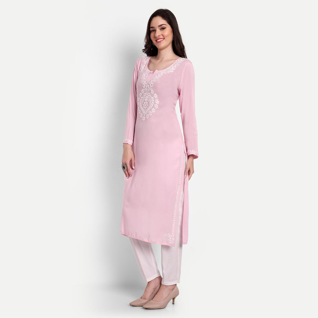 Lucknow Chikankari Hand Embroidered Long kurta Modal Cotton - Indiankala4u