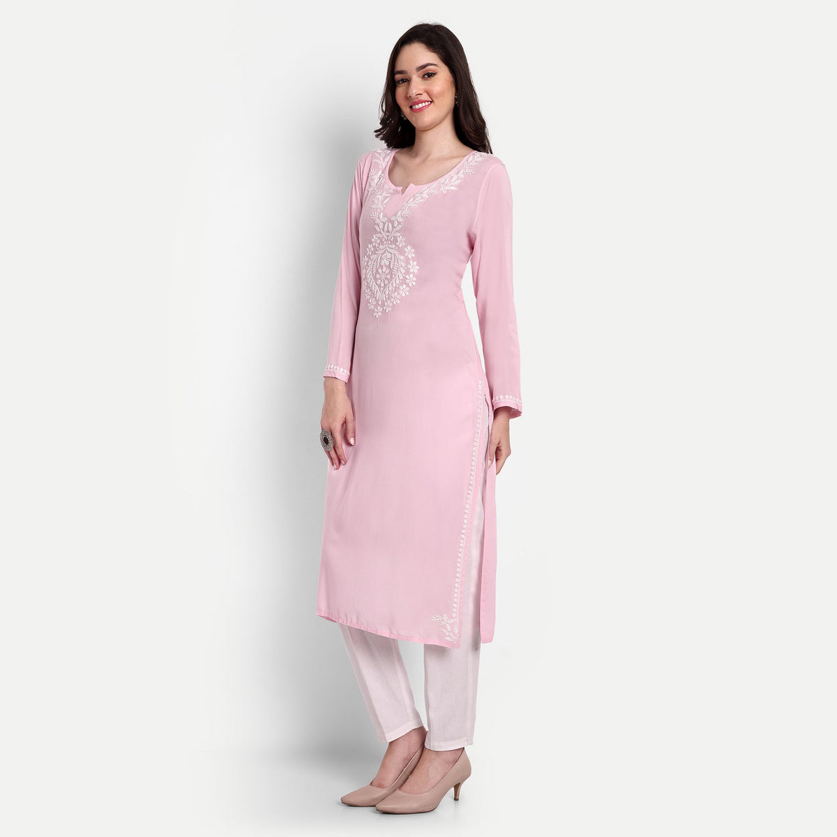 Lucknow Chikankari Hand Embroidered Long kurta Modal Cotton - Indiankala4u