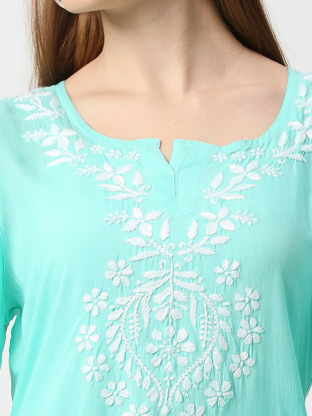 Lucknow Chikankari Hand Embroidered Long kurta Modal Cotton - Indiankala4u