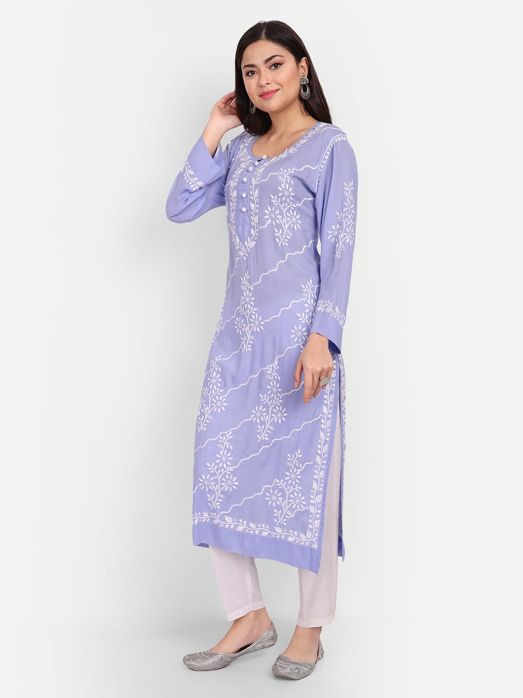 Lucknow Chikankari Hand Embroidered Long kurta Modal Cotton - Indiankala4u
