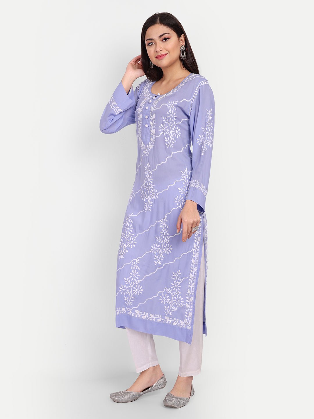 Lucknow Chikankari Hand Embroidered Long kurta Modal Cotton - Indiankala4u