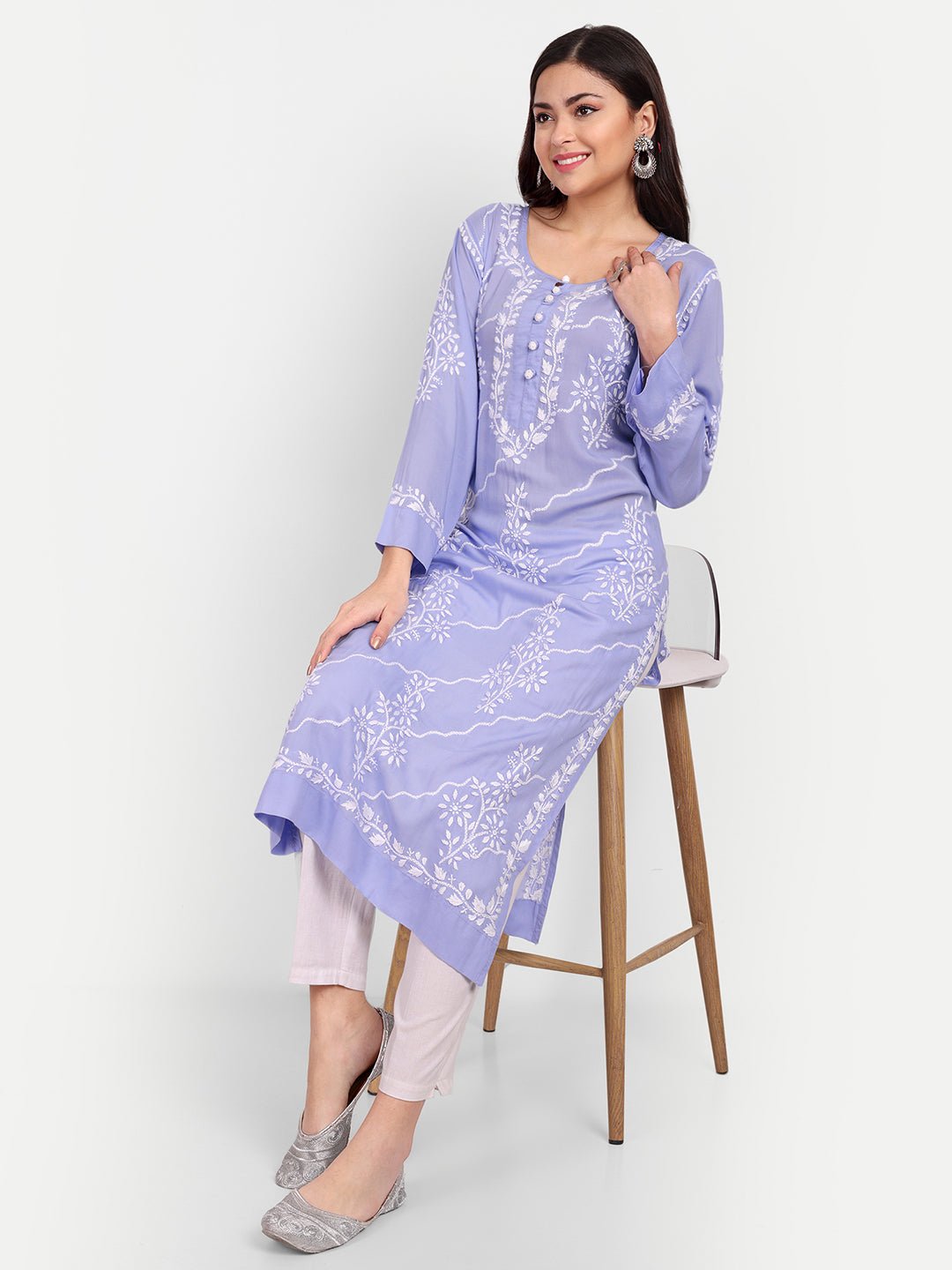Lucknow Chikankari Hand Embroidered Long kurta Modal Cotton - Indiankala4u
