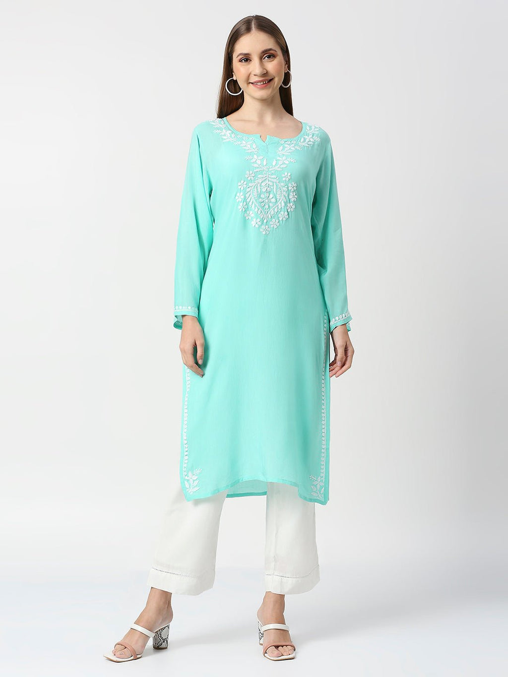 Lucknow Chikankari Hand Embroidered Long kurta Modal Cotton - Indiankala4u