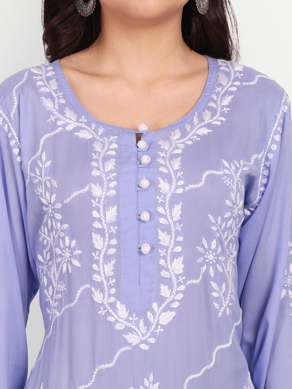 Lucknow Chikankari Hand Embroidered Long kurta Modal Cotton - Indiankala4u