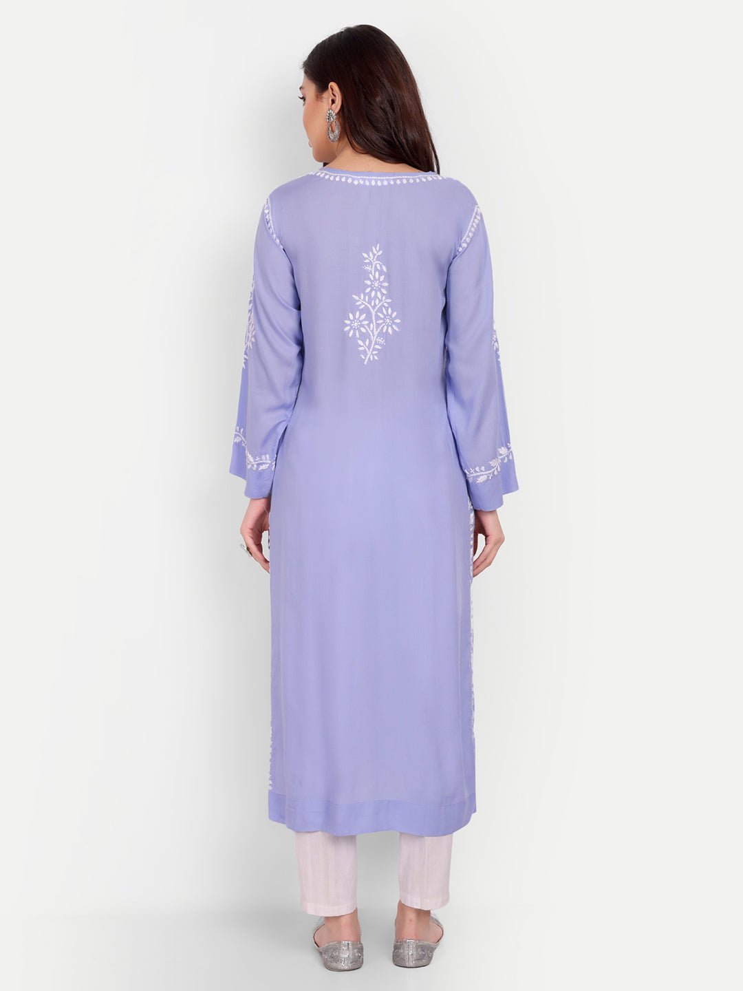 Lucknow Chikankari Hand Embroidered Long kurta Modal Cotton - Indiankala4u