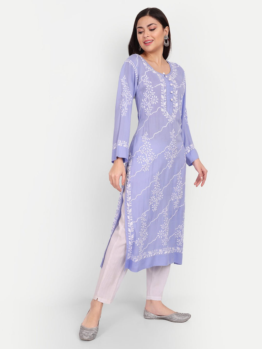 Lucknow Chikankari Hand Embroidered Long kurta Modal Cotton - Indiankala4u