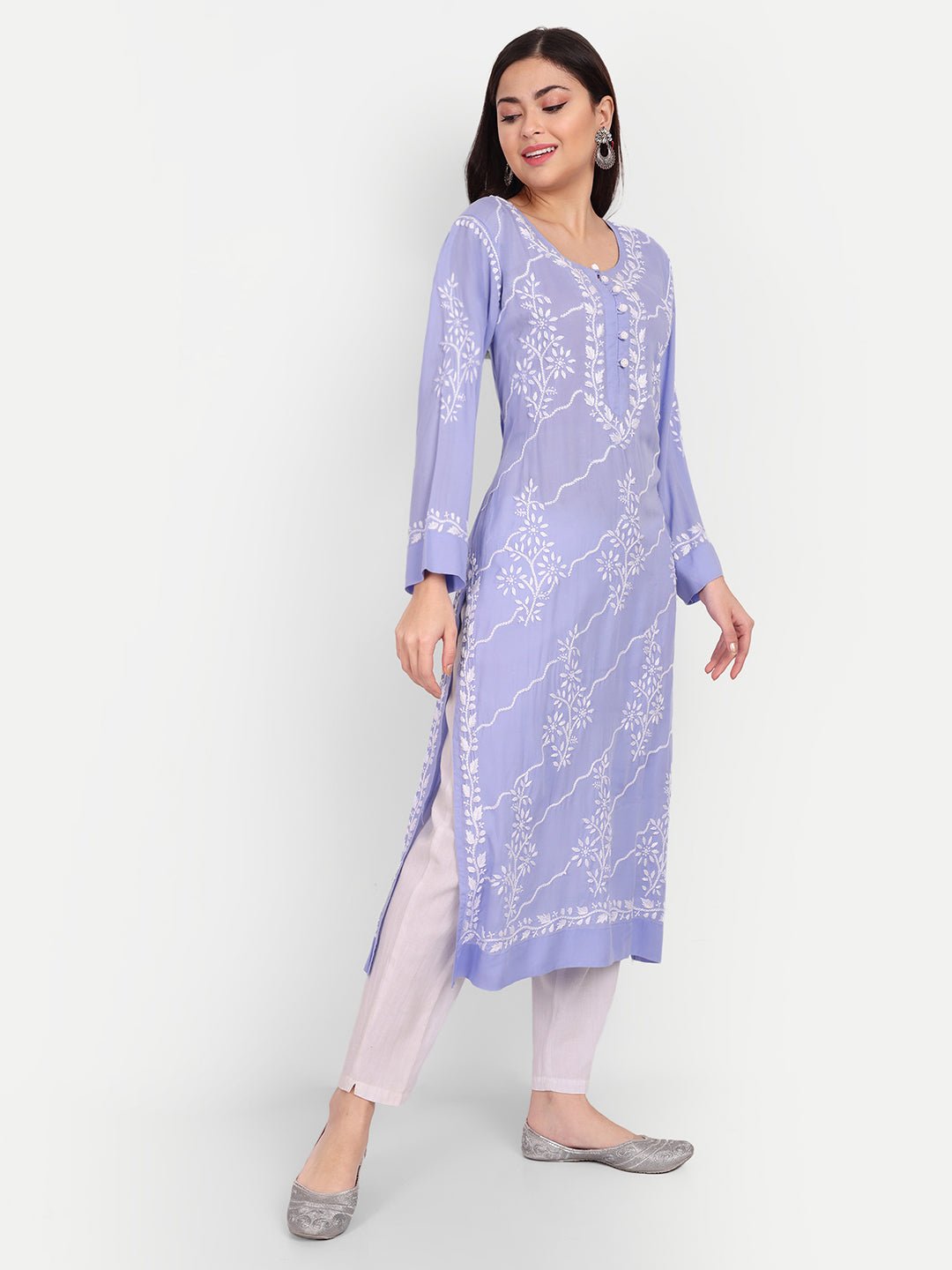 Lucknow Chikankari Hand Embroidered Long kurta Modal Cotton - Indiankala4u