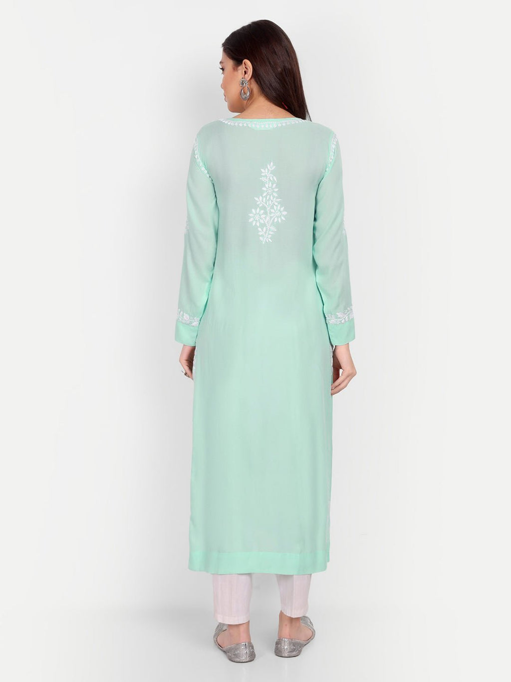 Lucknow Chikankari Hand Embroidered Long kurta Modal Cotton - Indiankala4u