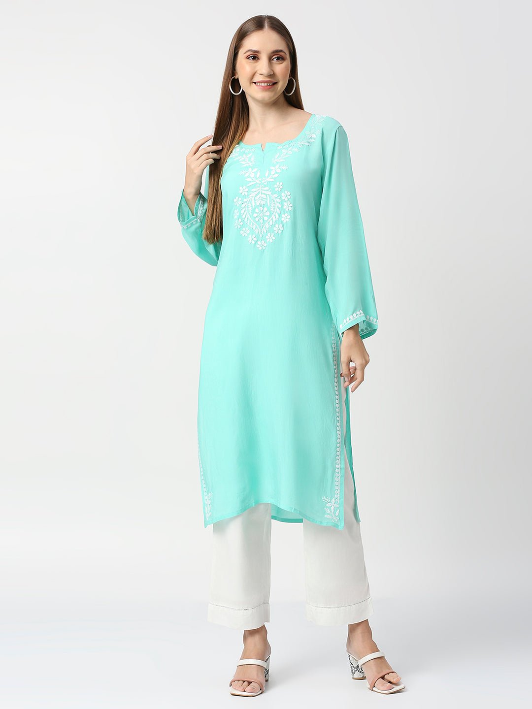 Lucknow Chikankari Hand Embroidered Long kurta Modal Cotton - Indiankala4u