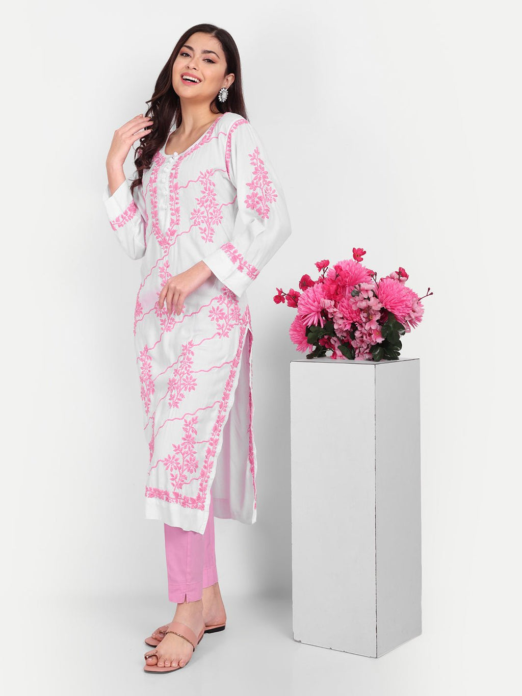 Lucknow Chikankari Hand Embroidered Long kurta Modal Cotton - Indiankala4u