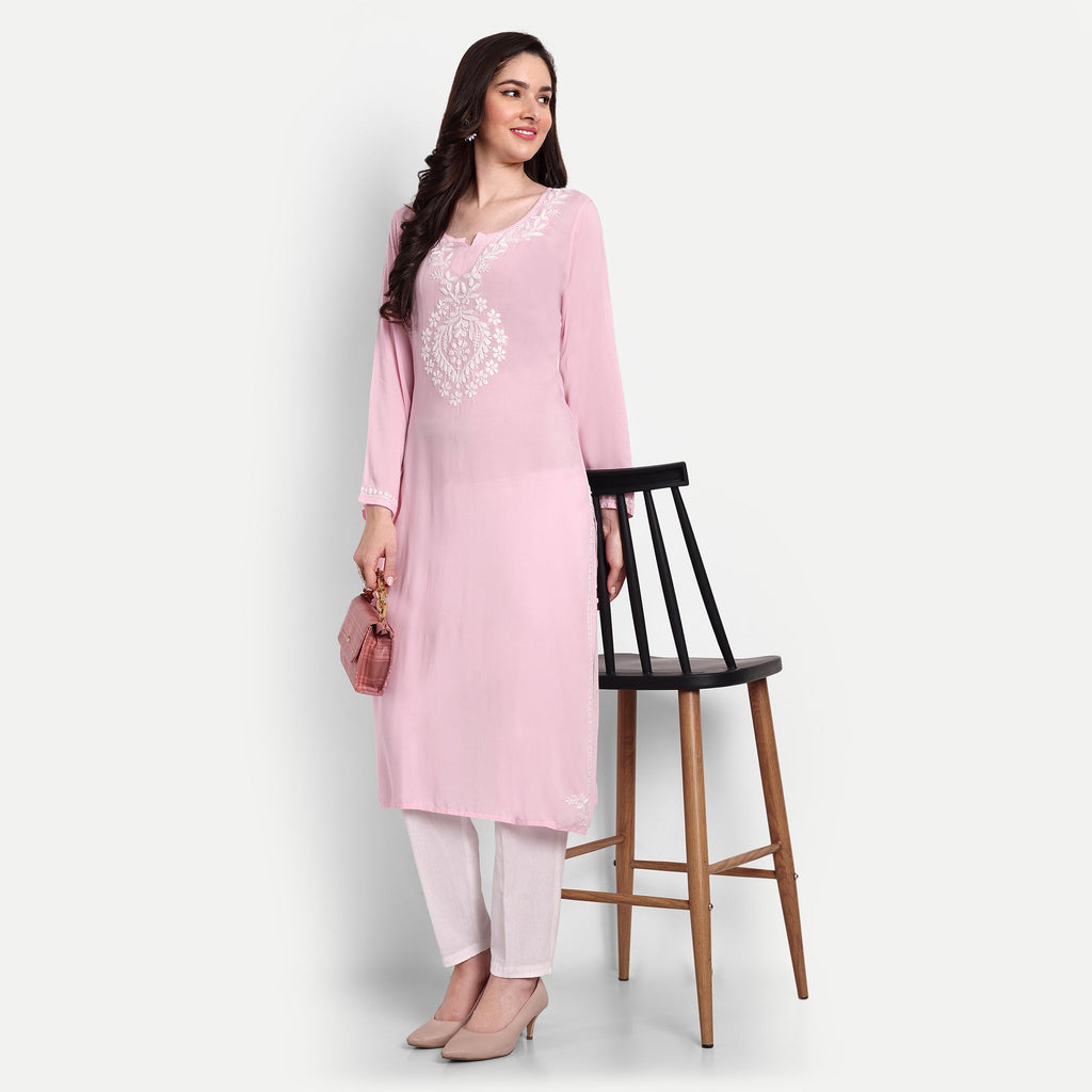 Lucknow Chikankari Hand Embroidered Long kurta Modal Cotton - Indiankala4u