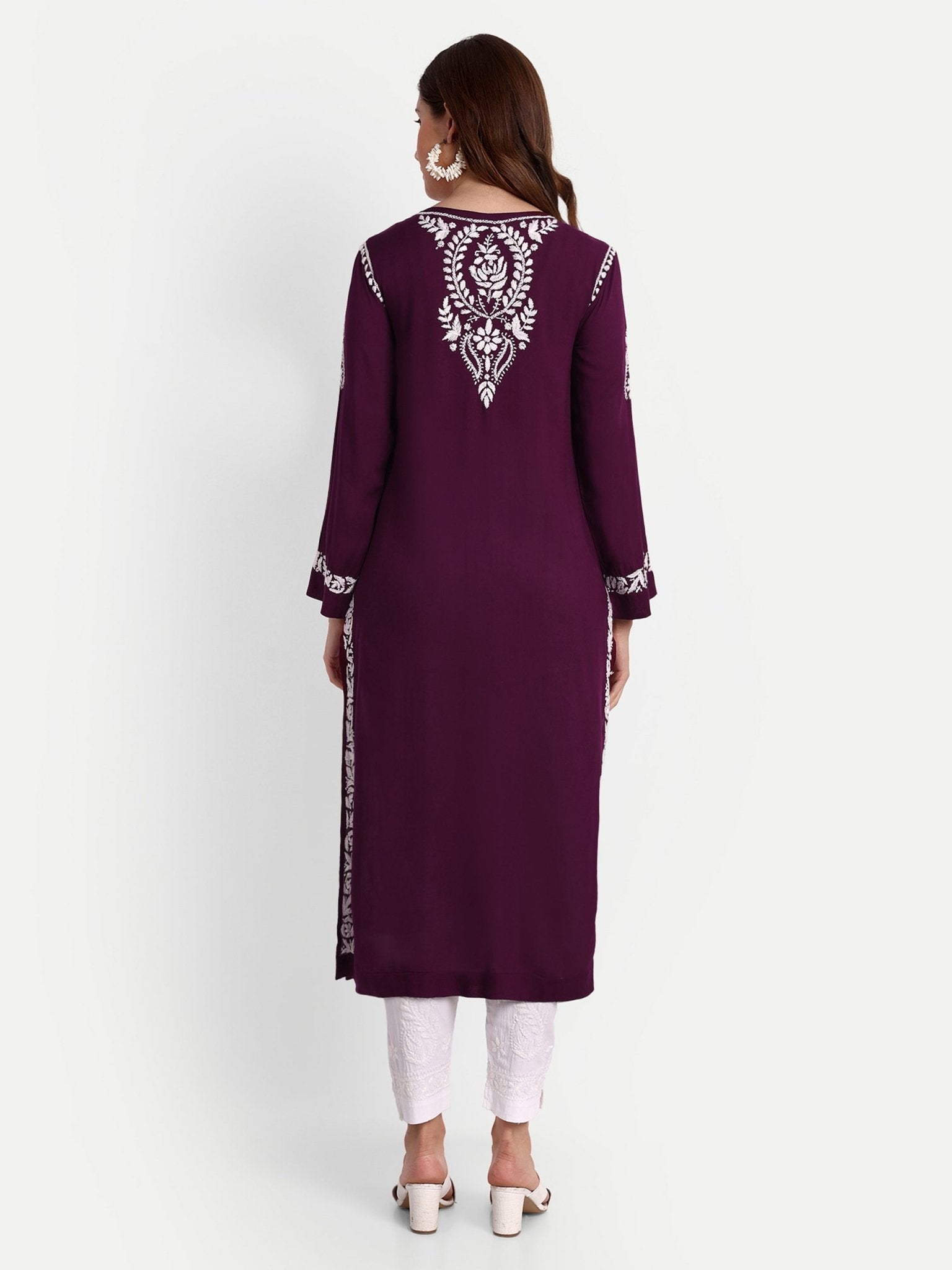 Lucknow Chikankari Hand Embroidered Long kurta Modal Cotton - Indiankala4u