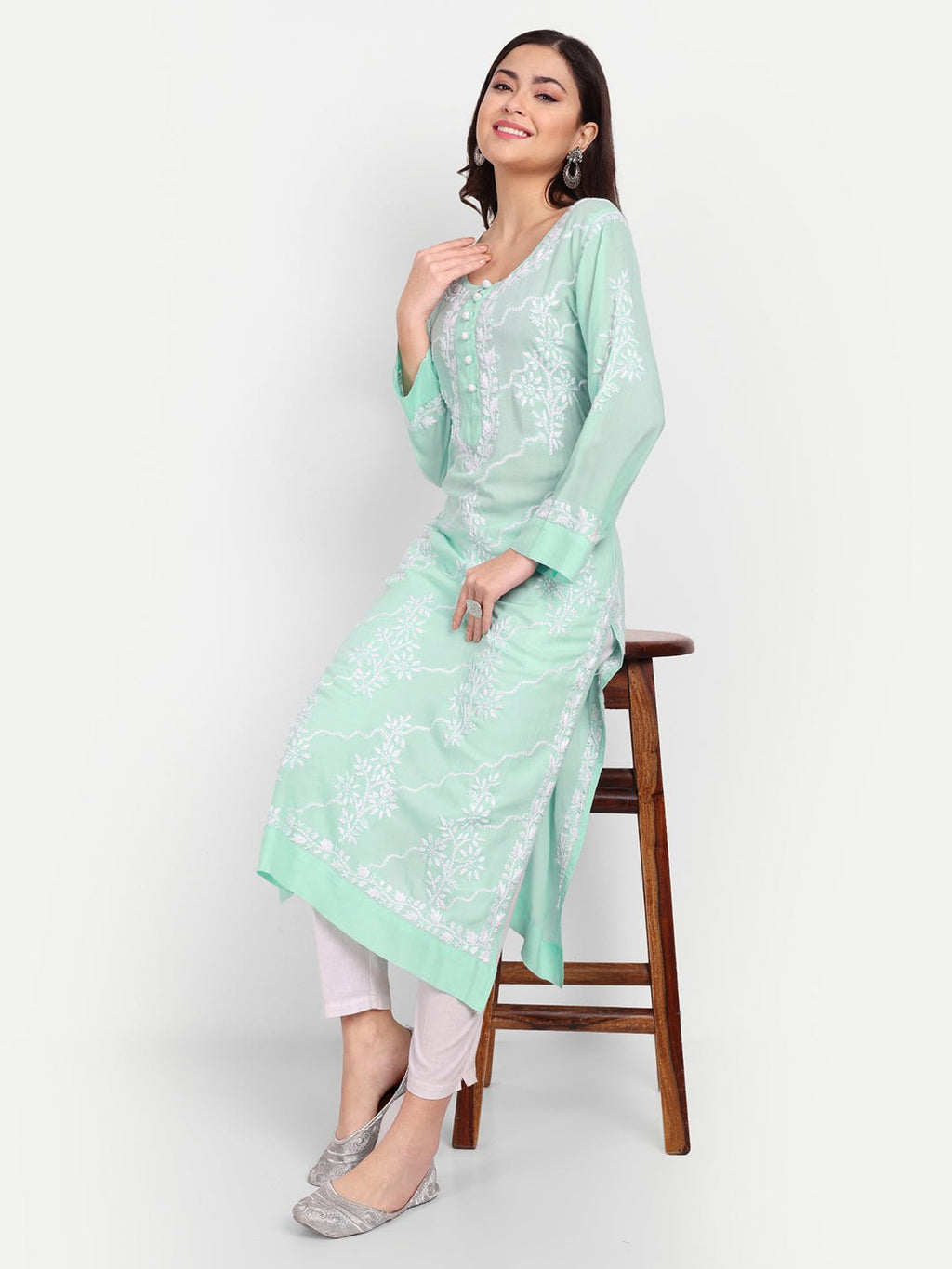 Lucknow Chikankari Hand Embroidered Long kurta Modal Cotton - Indiankala4u