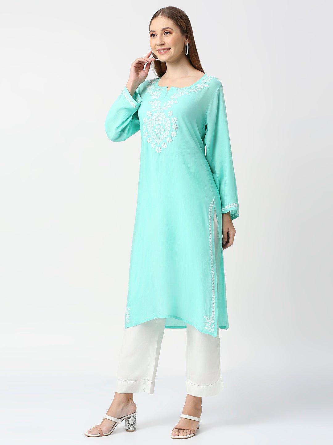 Lucknow Chikankari Hand Embroidered Long kurta Modal Cotton - Indiankala4u