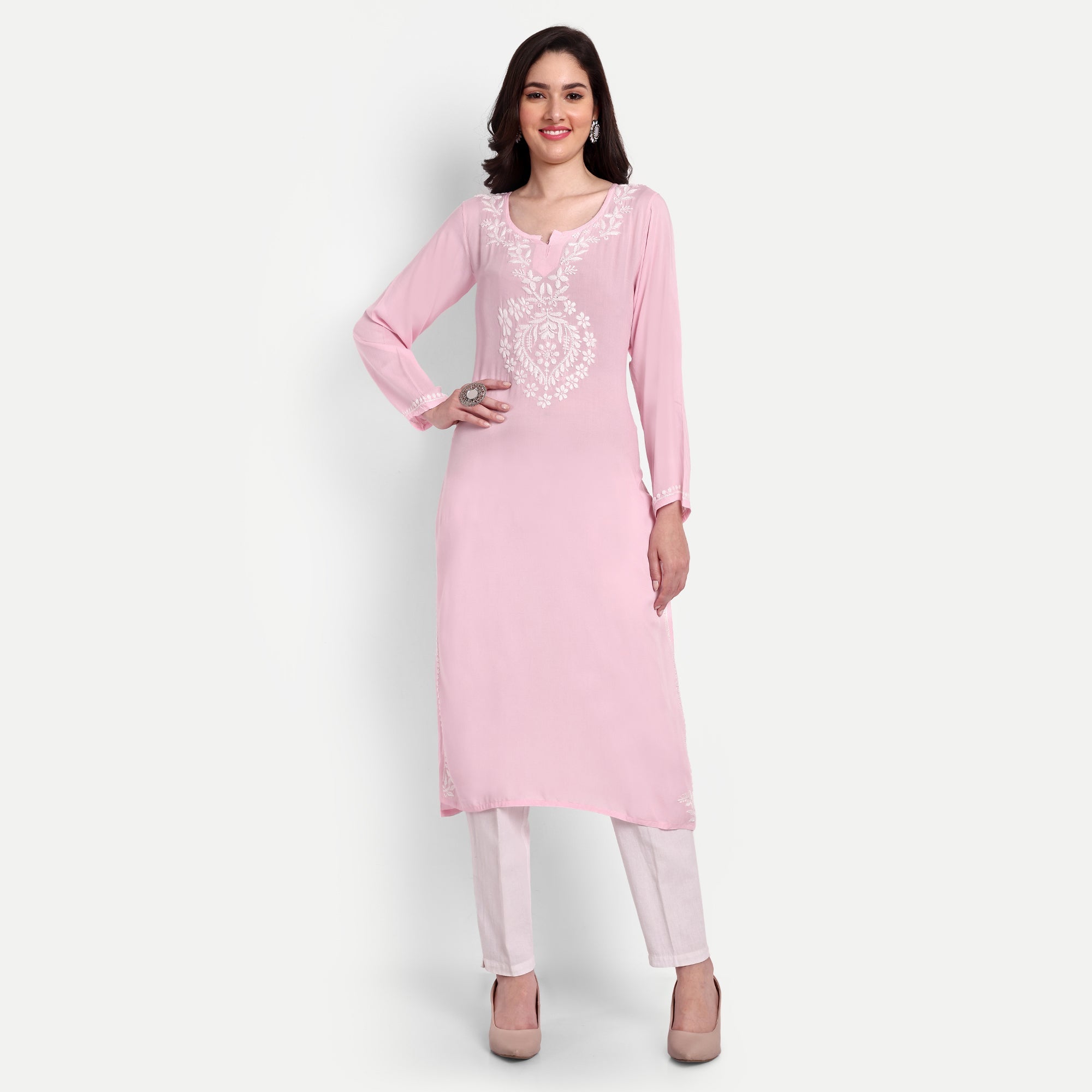 Lucknow Chikankari Hand Embroidered Long kurta Modal Cotton - Indiankala4u