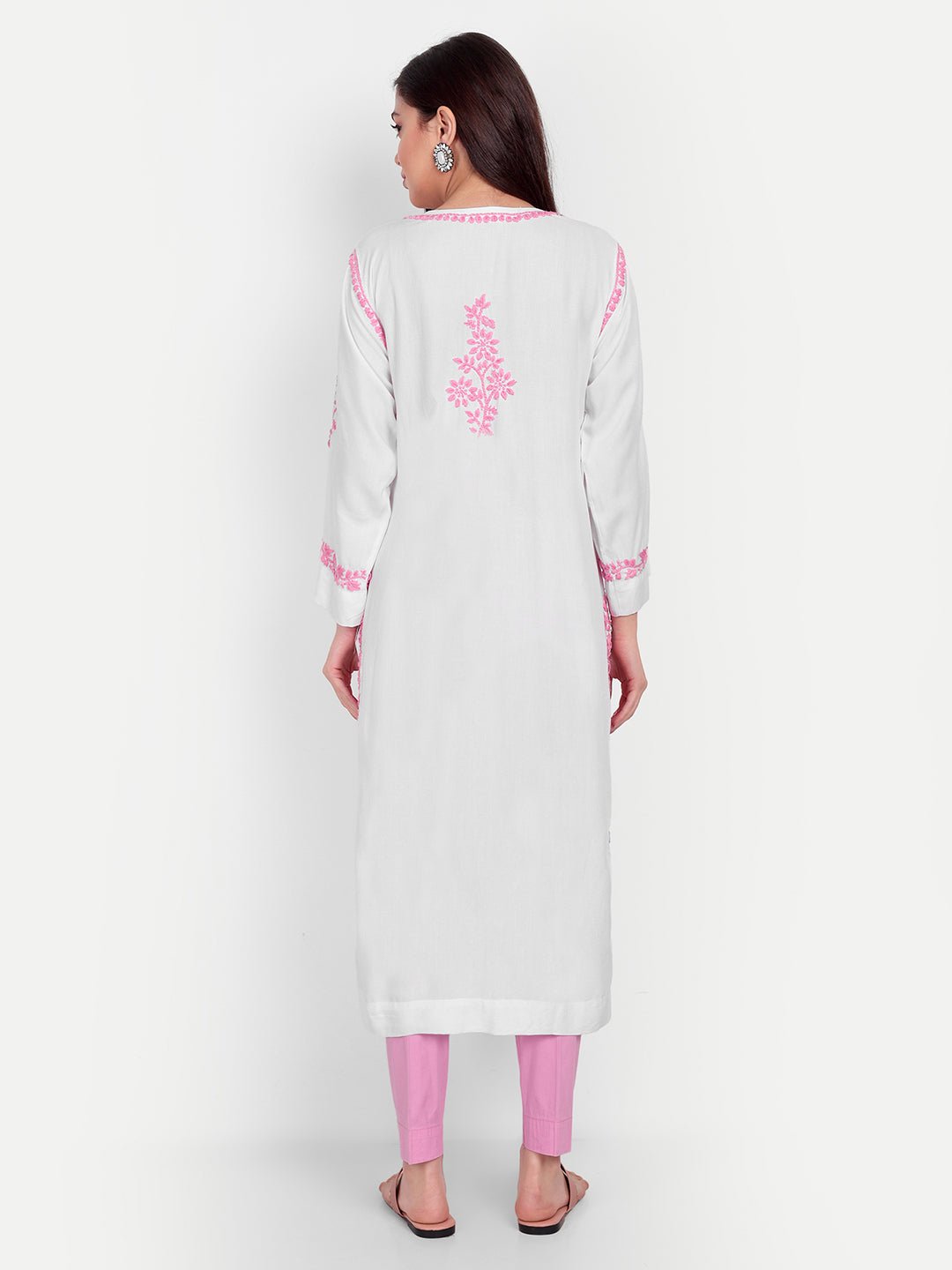 Lucknow Chikankari Hand Embroidered Long kurta Modal Cotton - Indiankala4u
