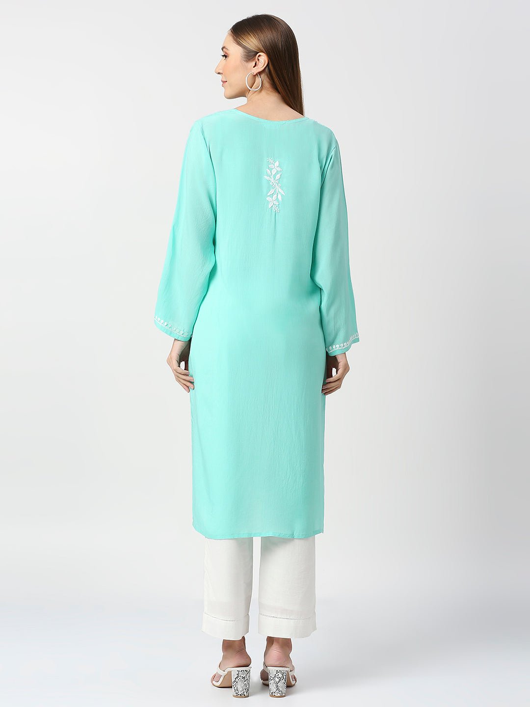 Lucknow Chikankari Hand Embroidered Long kurta Modal Cotton - Indiankala4u