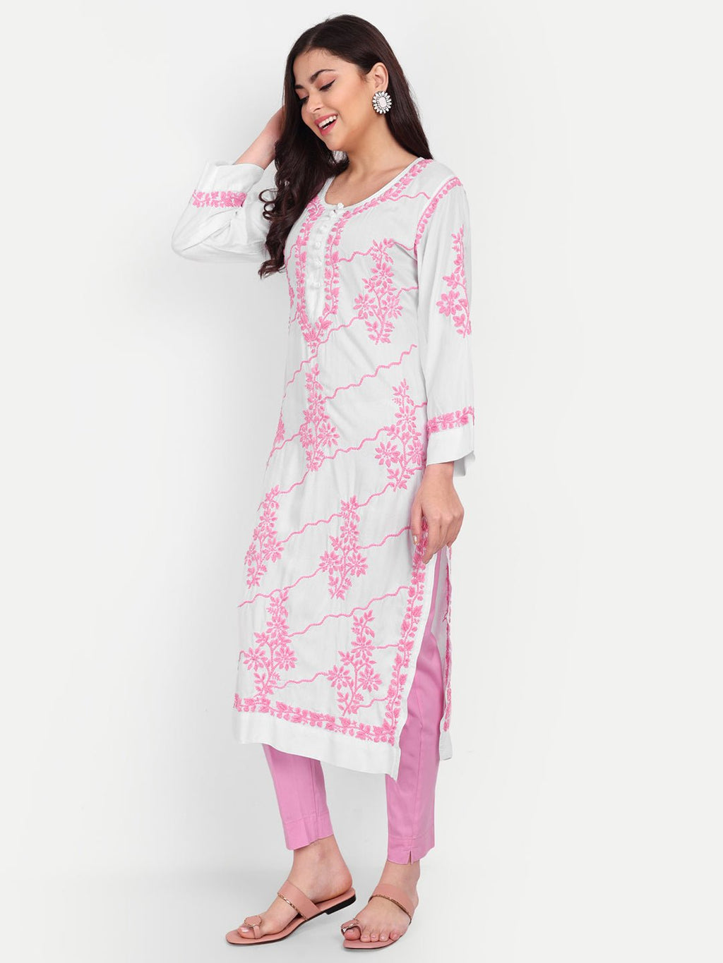 Lucknow Chikankari Hand Embroidered Long kurta Modal Cotton - Indiankala4u
