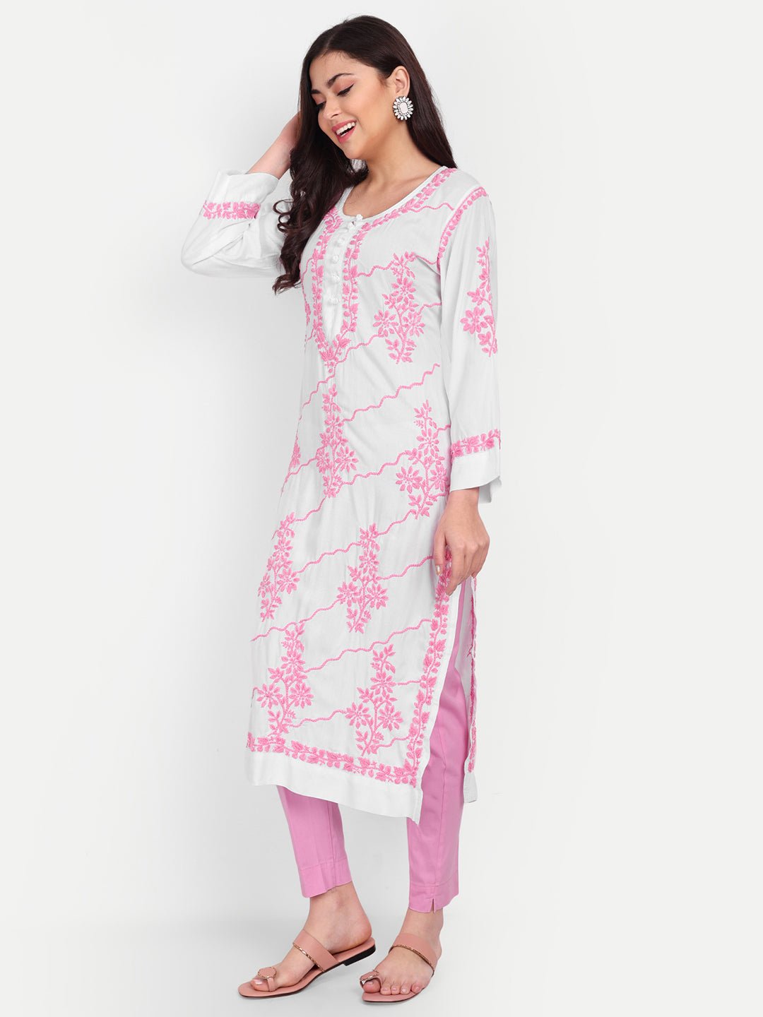 Lucknow Chikankari Hand Embroidered Long kurta Modal Cotton - Indiankala4u