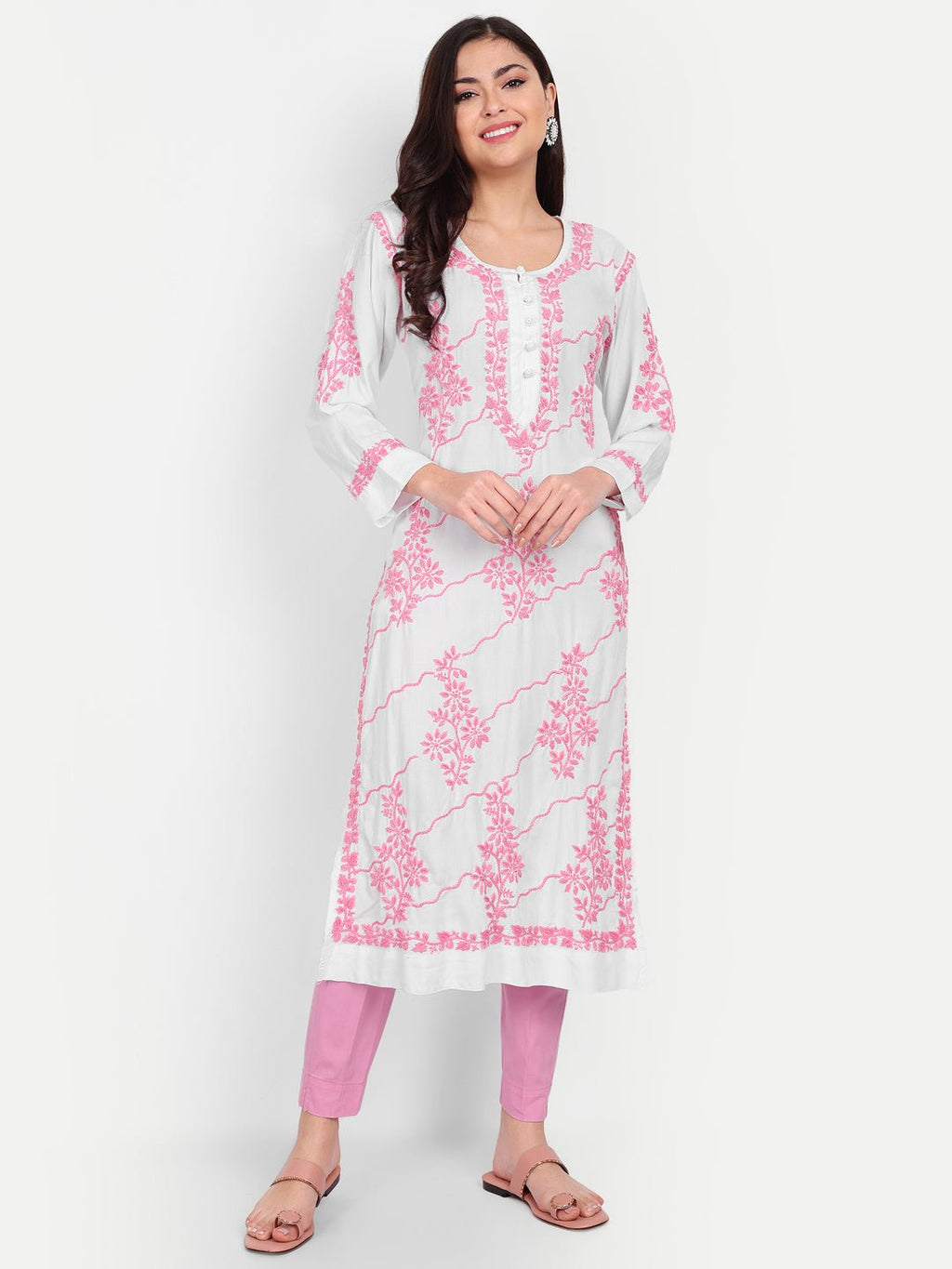 Lucknow Chikankari Hand Embroidered Long kurta Modal Cotton - Indiankala4u