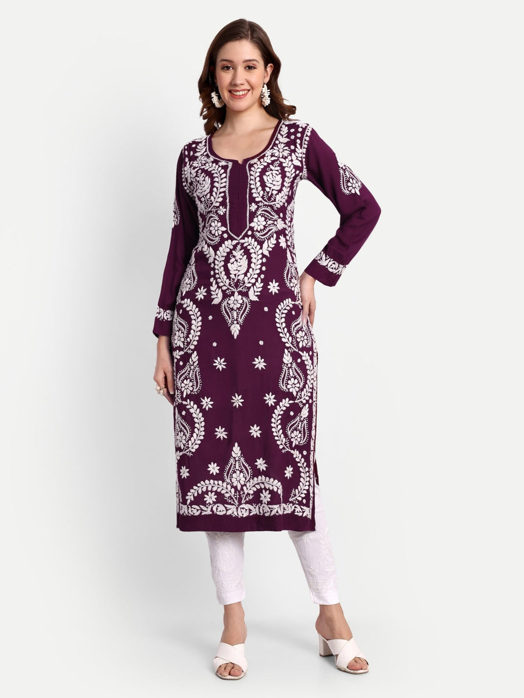 Lucknow Chikankari Hand Embroidered Long kurta Modal Cotton - Indiankala4u