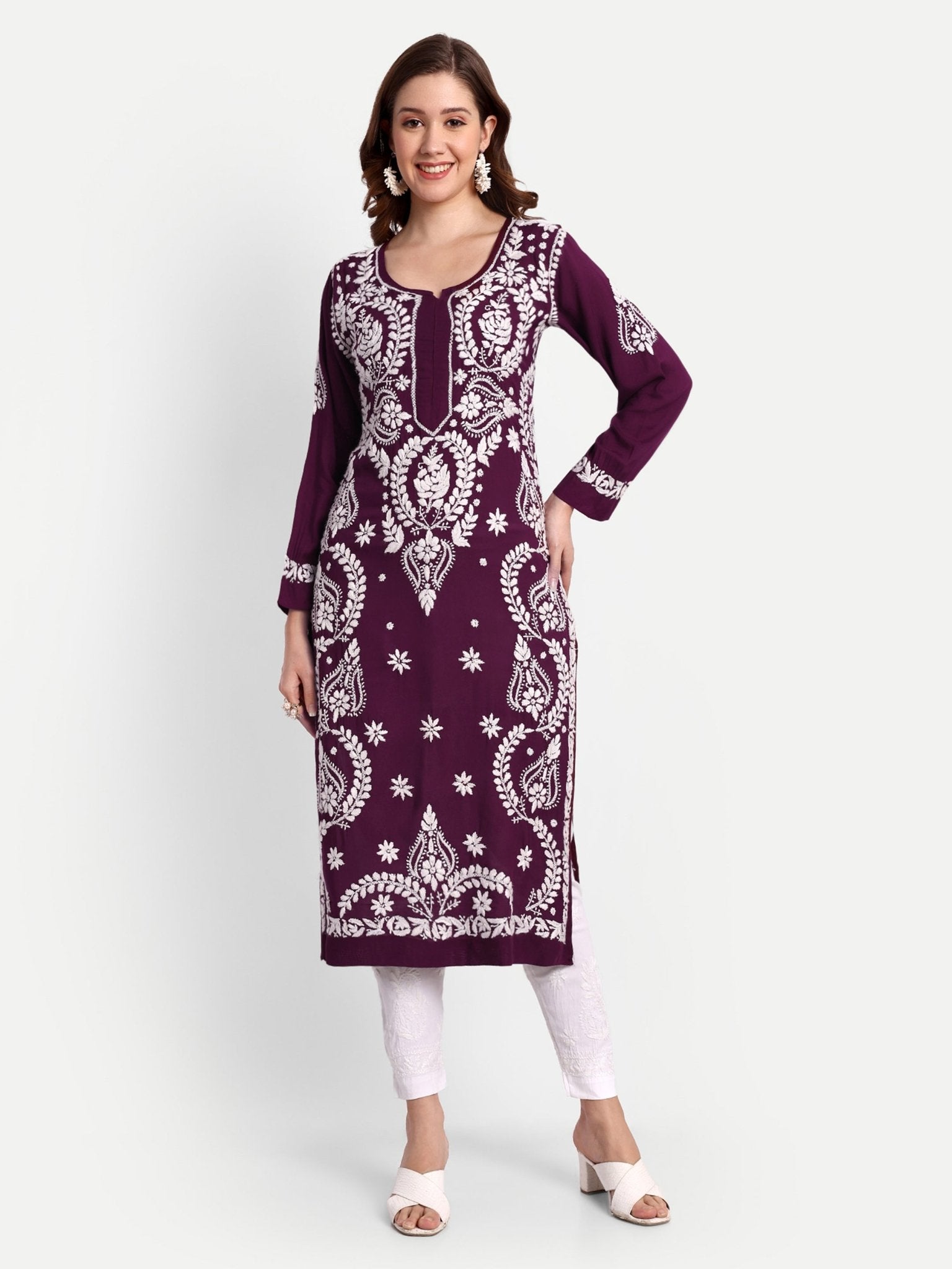 Lucknow Chikankari Hand Embroidered Long kurta Modal Cotton - Indiankala4u