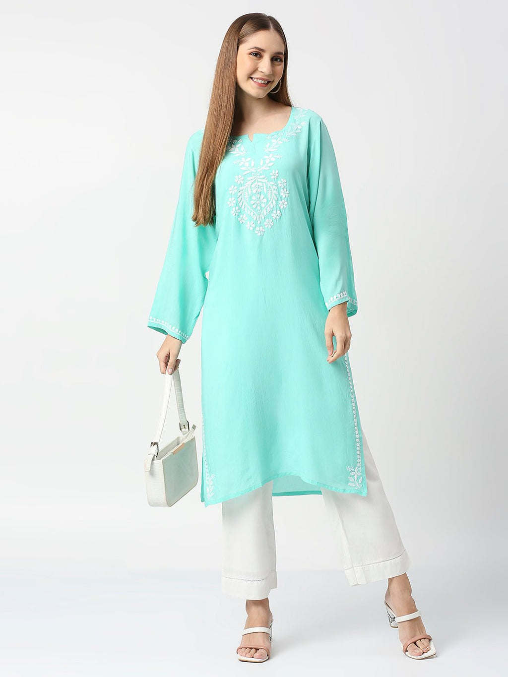 Lucknow Chikankari Hand Embroidered Long kurta Modal Cotton - Indiankala4u