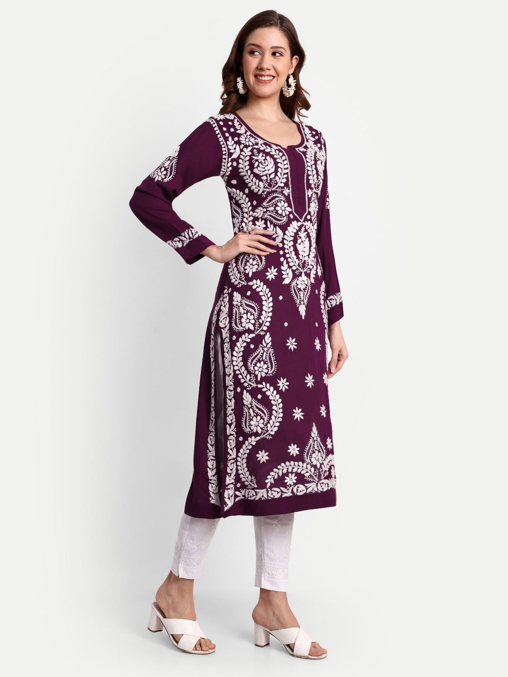 Lucknow Chikankari Hand Embroidered Long kurta Modal Cotton - Indiankala4u