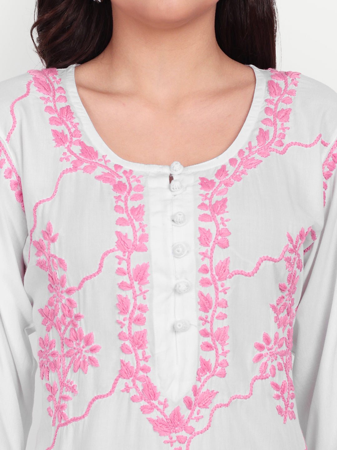 Lucknow Chikankari Hand Embroidered Long kurta Modal Cotton - Indiankala4u