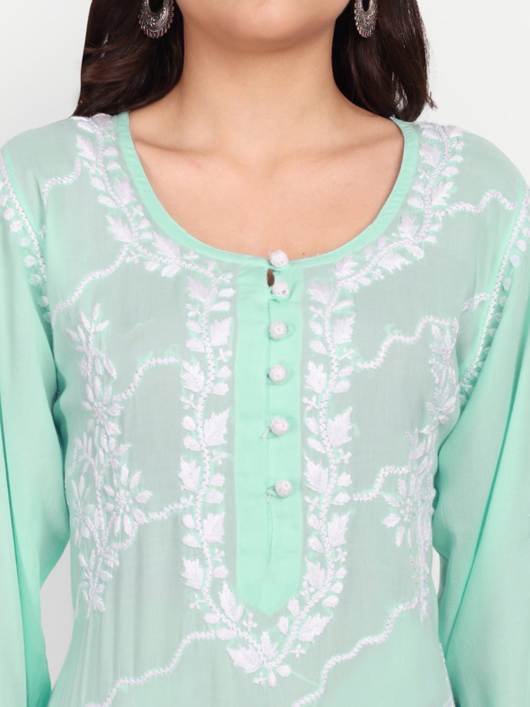 Lucknow Chikankari Hand Embroidered Long kurta Modal Cotton - Indiankala4u