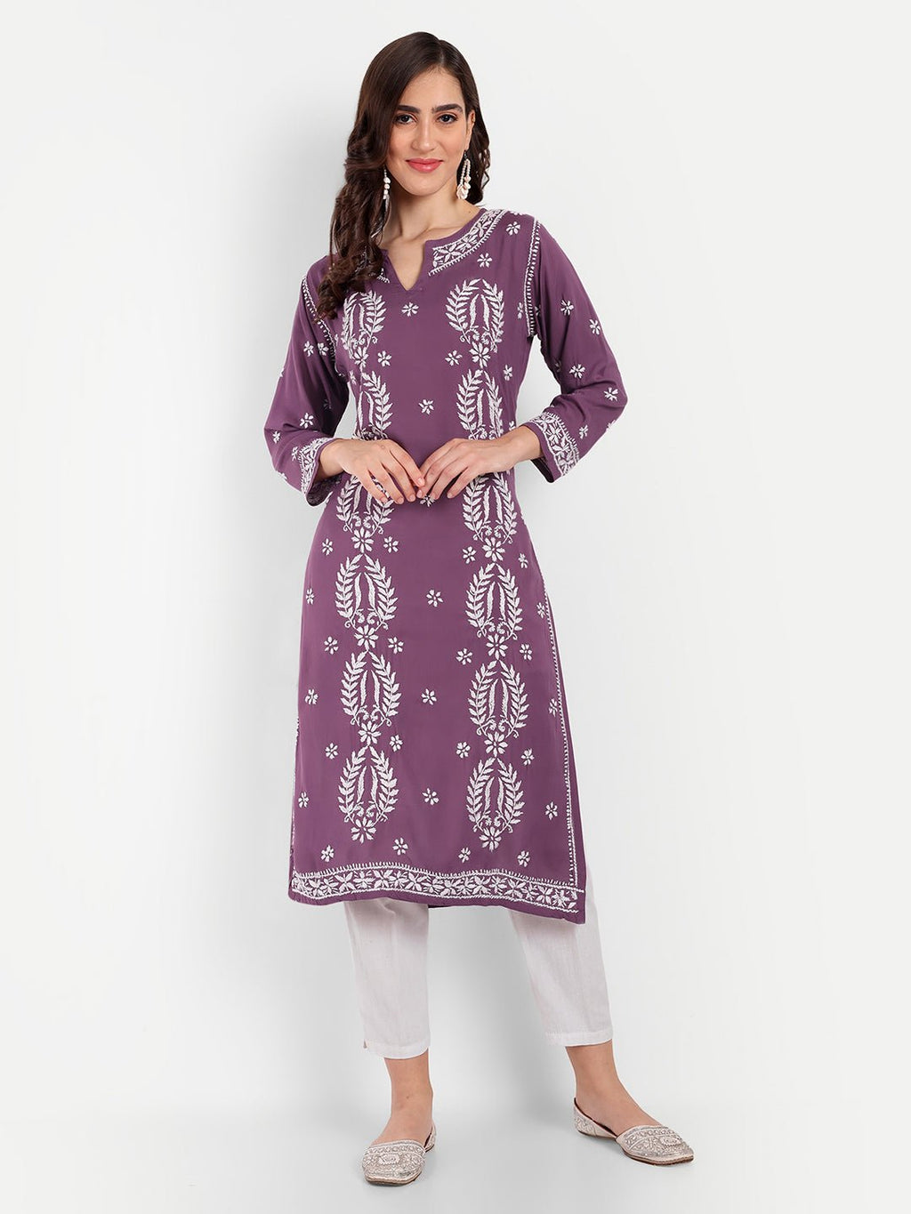 Lucknow Chikankari Hand Embroidered Long kurta Modal Cotton - Indiankala4u