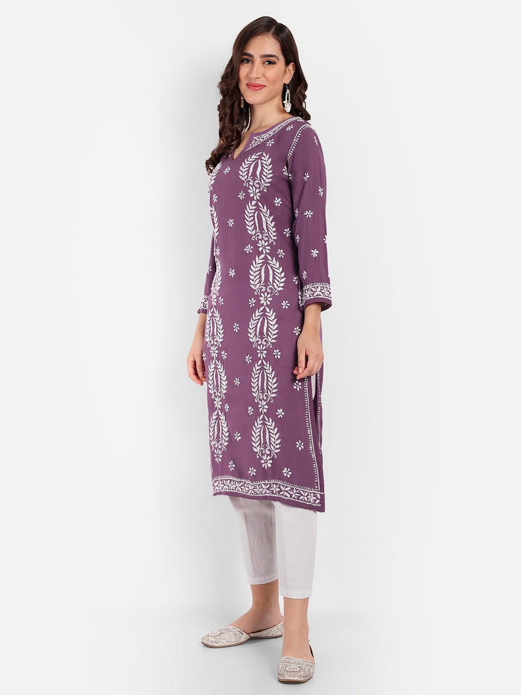 Lucknow Chikankari Hand Embroidered Long kurta Modal Cotton - Indiankala4u