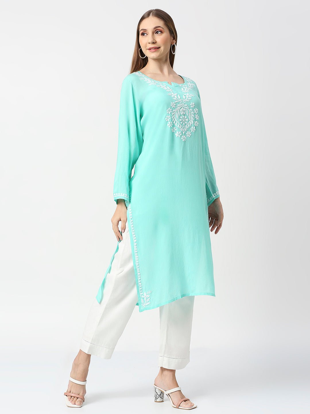 Lucknow Chikankari Hand Embroidered Long kurta Modal Cotton - Indiankala4u