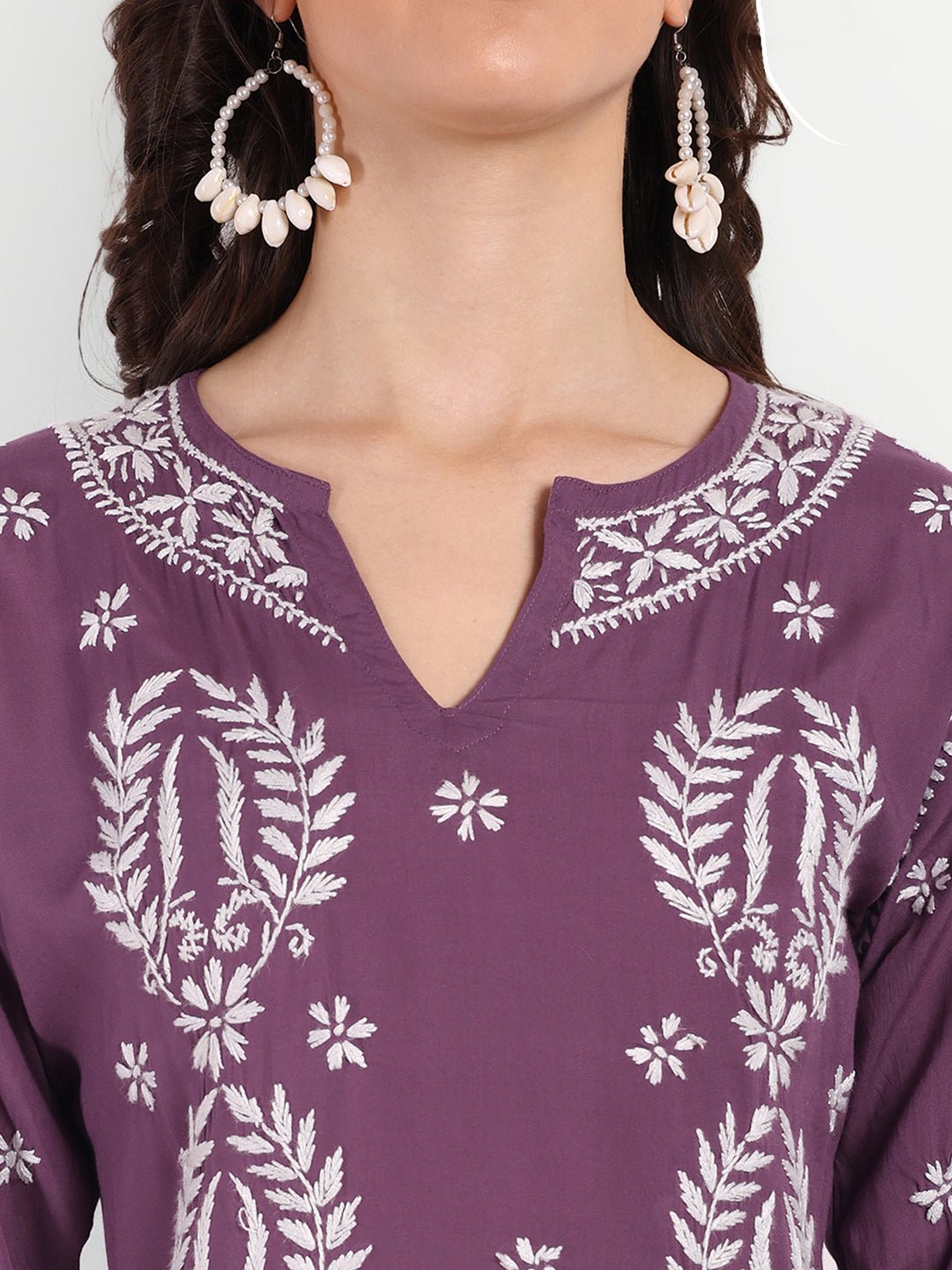 Lucknow Chikankari Hand Embroidered Long kurta Modal Cotton - Indiankala4u