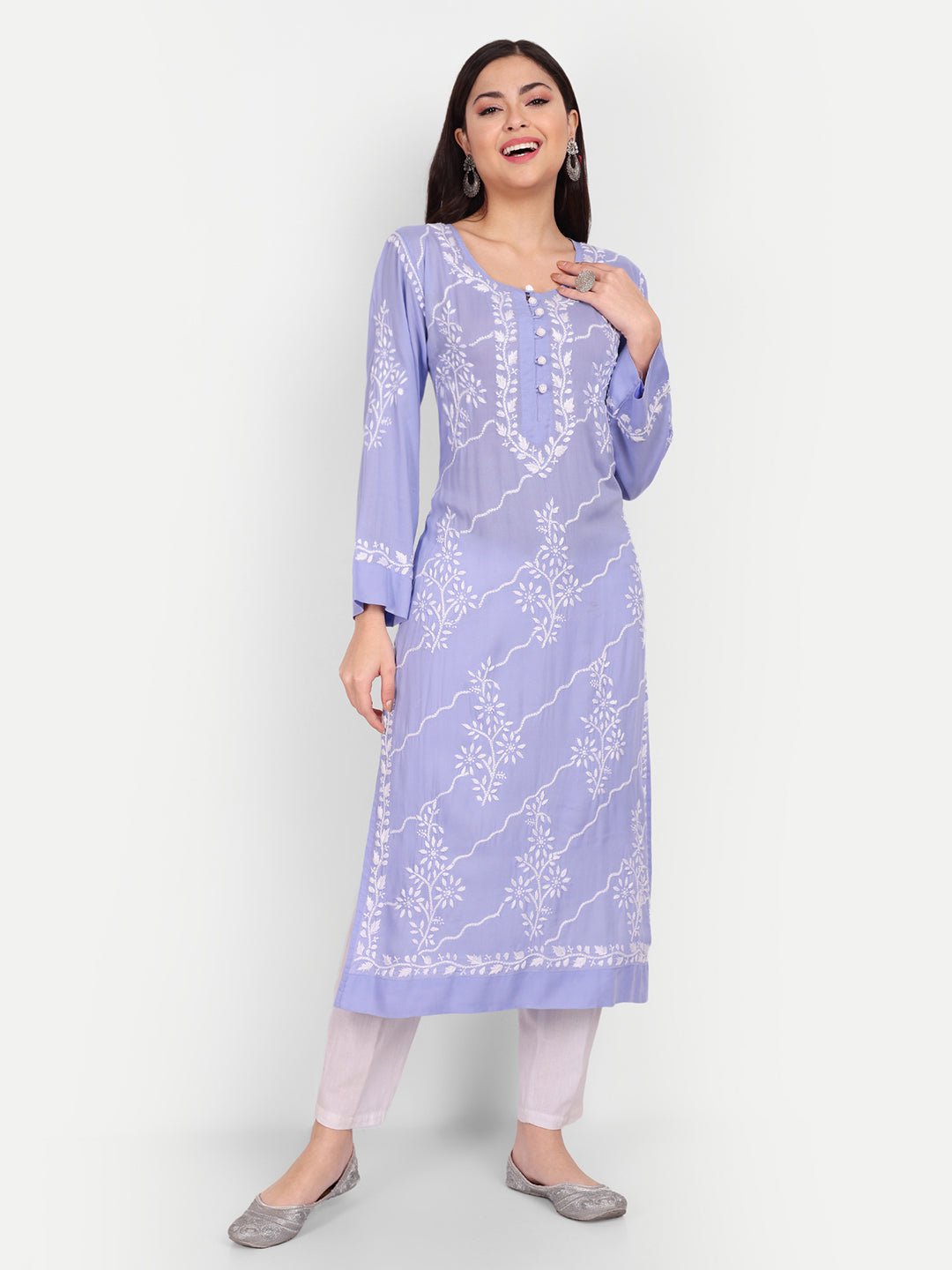 Lucknow Chikankari Hand Embroidered Long kurta Modal Cotton - Indiankala4u