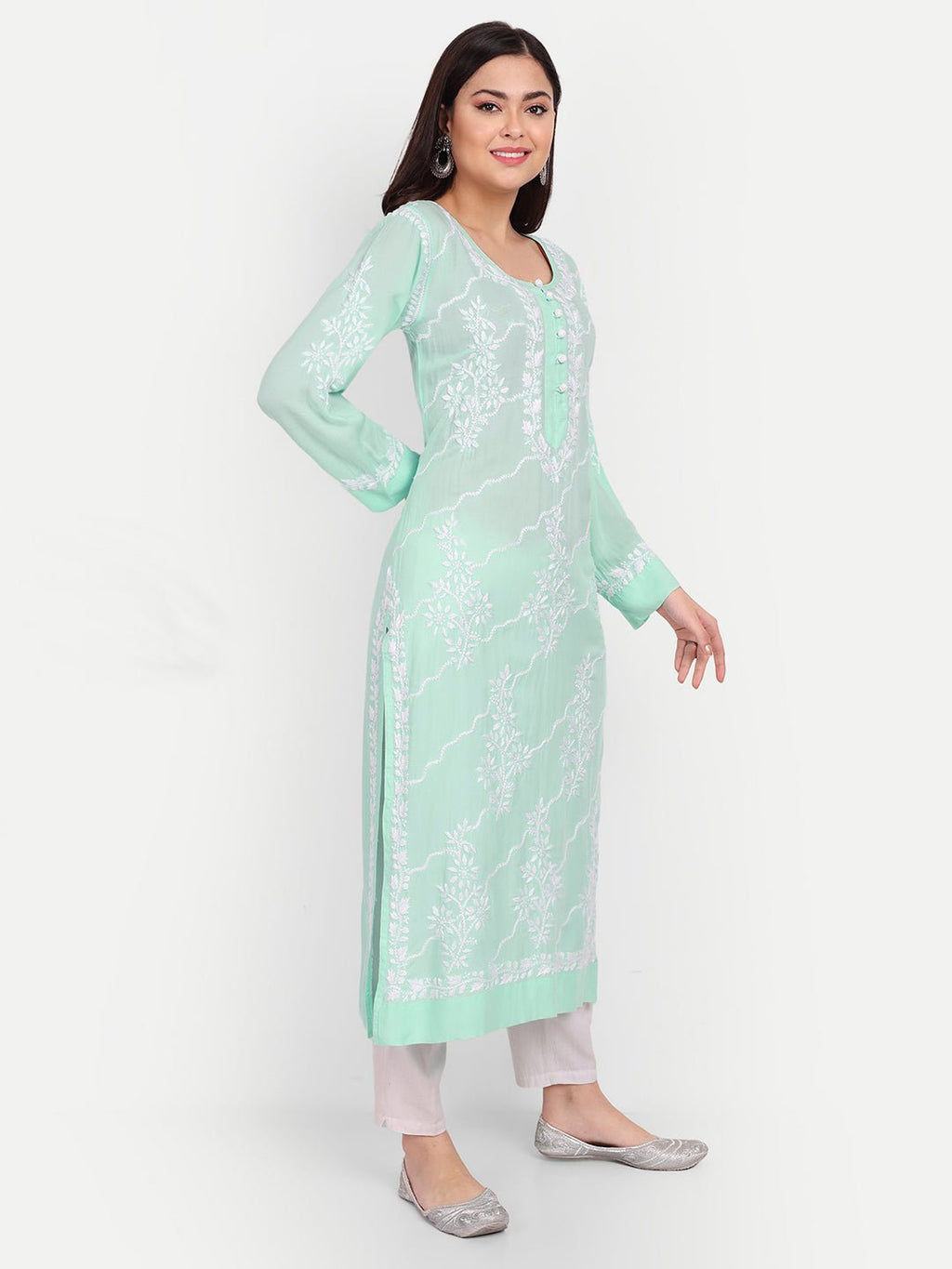 Lucknow Chikankari Hand Embroidered Long kurta Modal Cotton - Indiankala4u