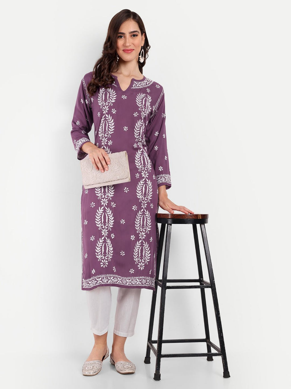 Lucknow Chikankari Hand Embroidered Long kurta Modal Cotton - Indiankala4u