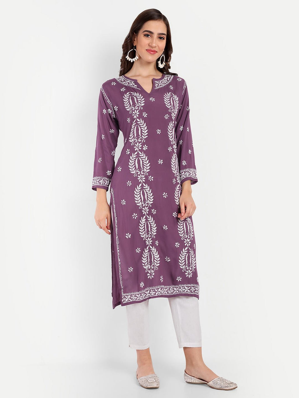 Lucknow Chikankari Hand Embroidered Long kurta Modal Cotton - Indiankala4u