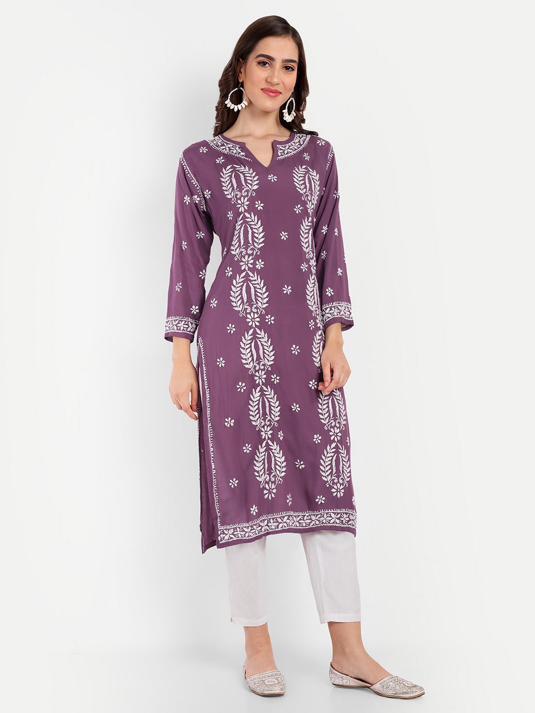 Lucknow Chikankari Hand Embroidered Long kurta Modal Cotton - Indiankala4u