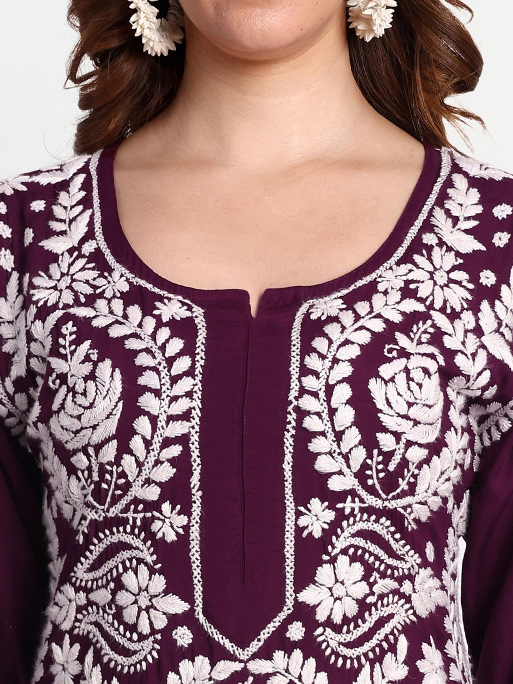 Lucknow Chikankari Hand Embroidered Long kurta Modal Cotton - Indiankala4u