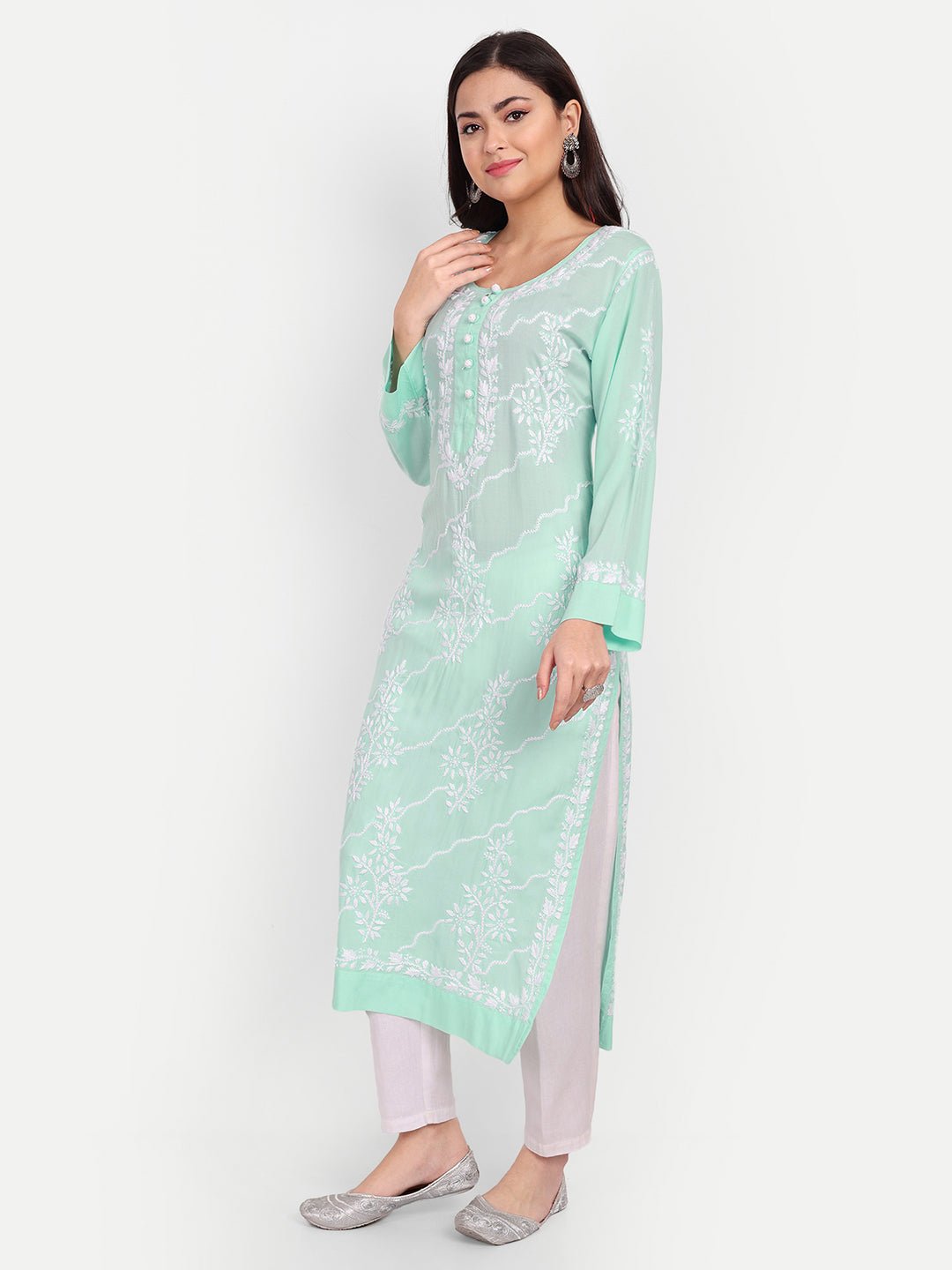 Lucknow Chikankari Hand Embroidered Long kurta Modal Cotton - Indiankala4u