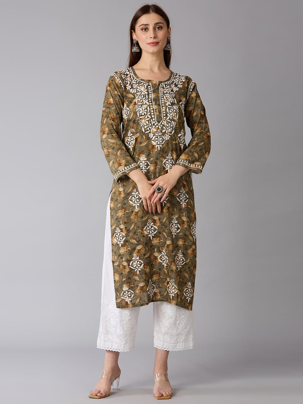 Lucknow Chikankari Hand Embroidered Long Kurta Mulmul - Indiankala4u