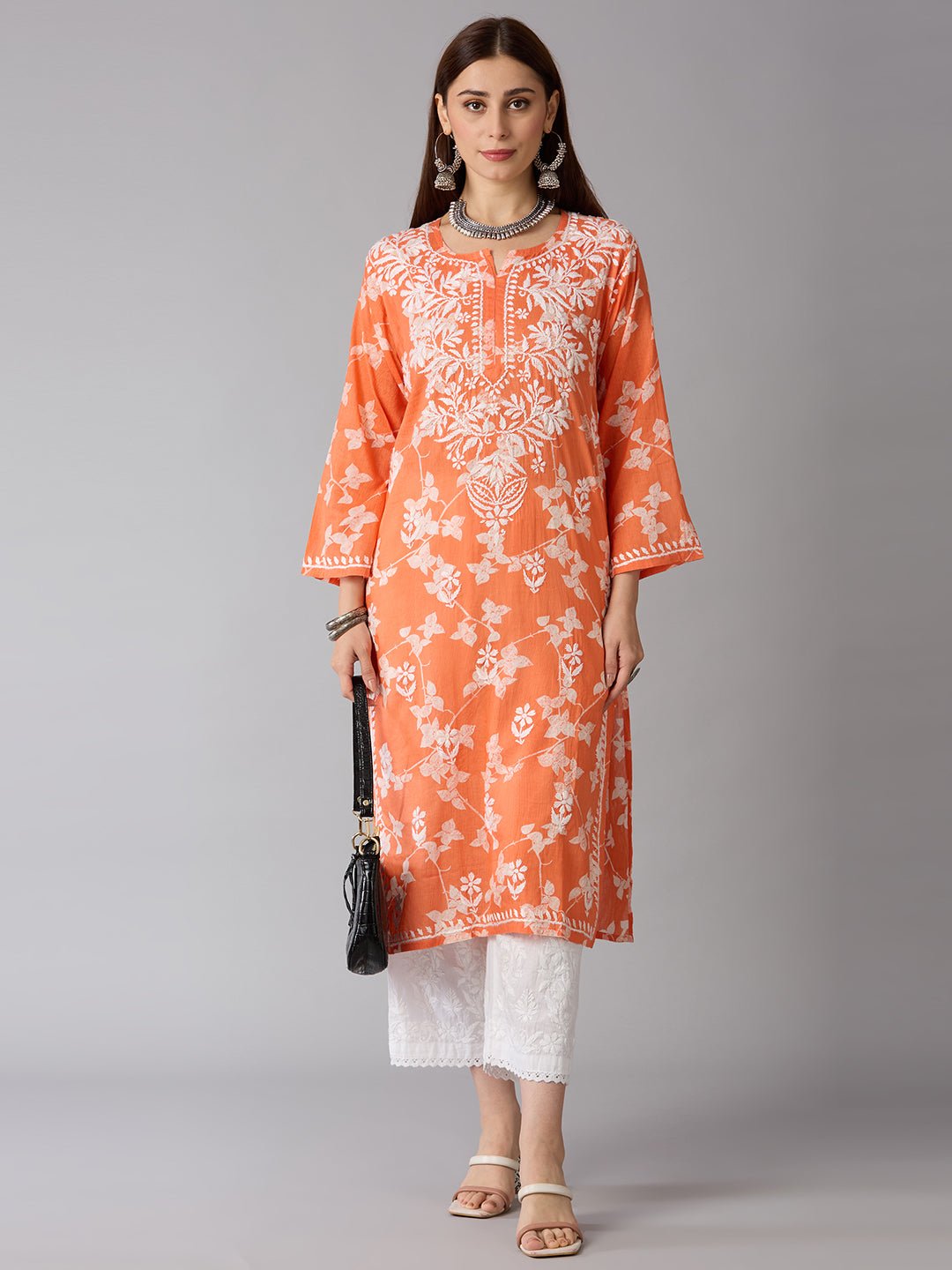 Lucknow Chikankari Hand Embroidered Long Kurta Mulmul - Indiankala4u