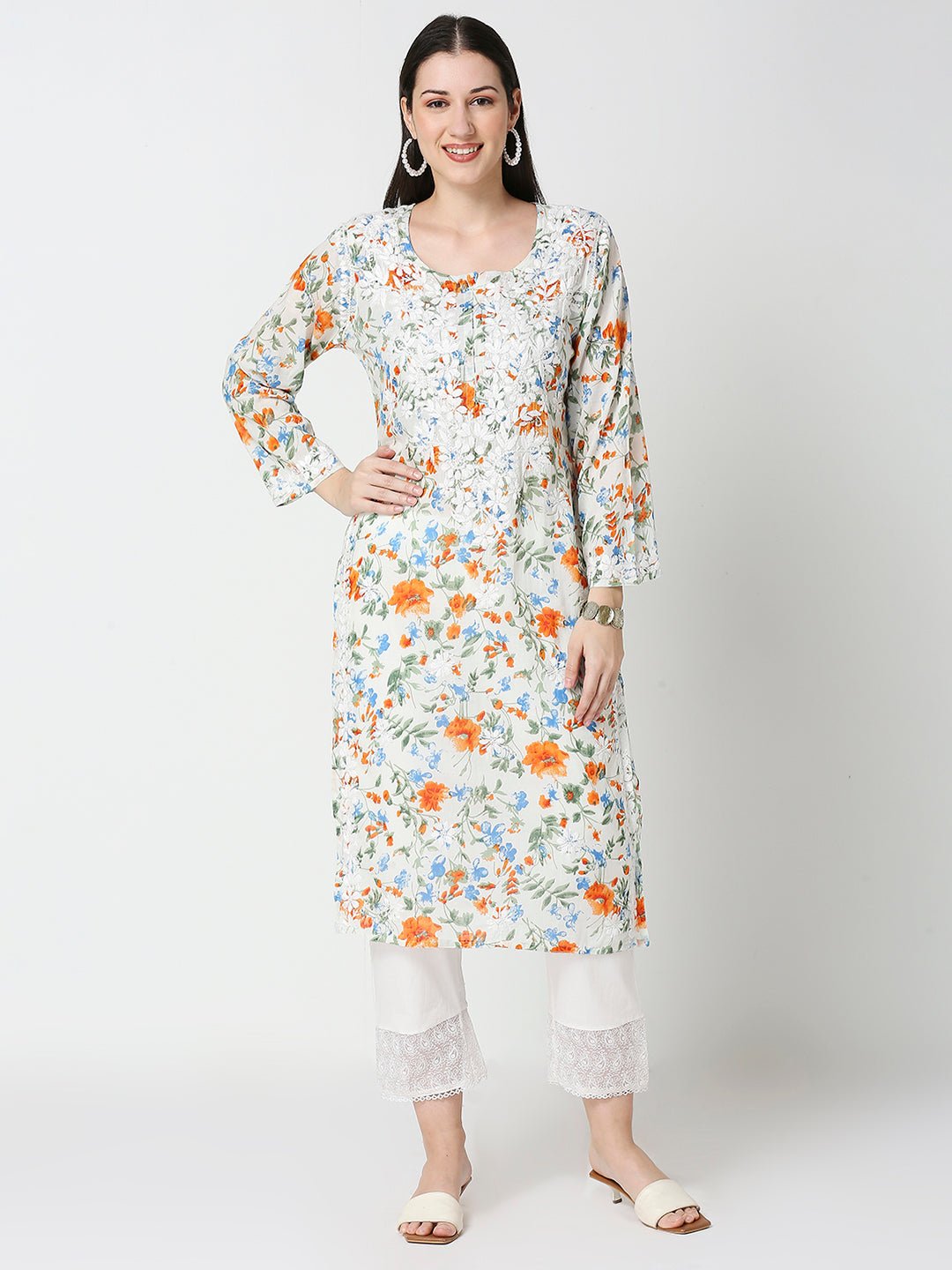 Lucknow Chikankari Hand Embroidered Long Kurta Mulmul - Indiankala4u