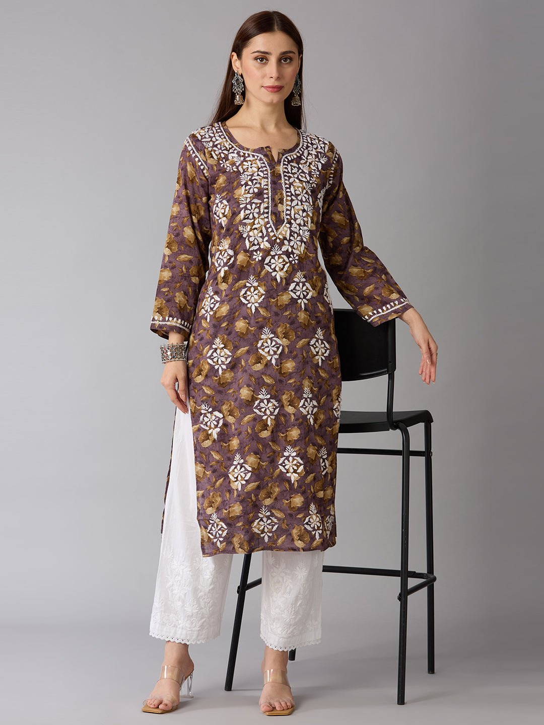 Lucknow Chikankari Hand Embroidered Long Kurta Mulmul - Indiankala4u