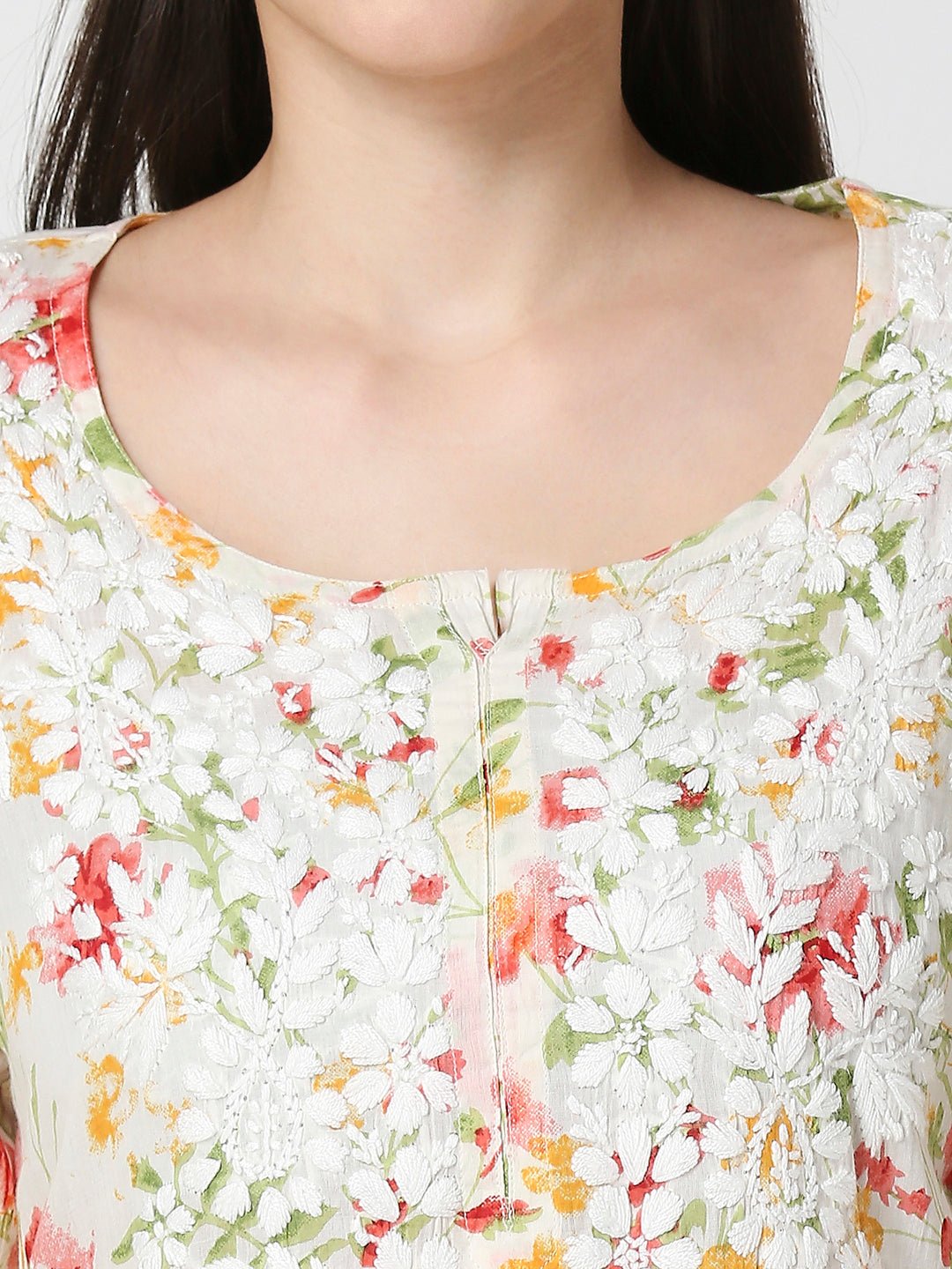 Lucknow Chikankari Hand Embroidered Long Kurta Mulmul - Indiankala4u