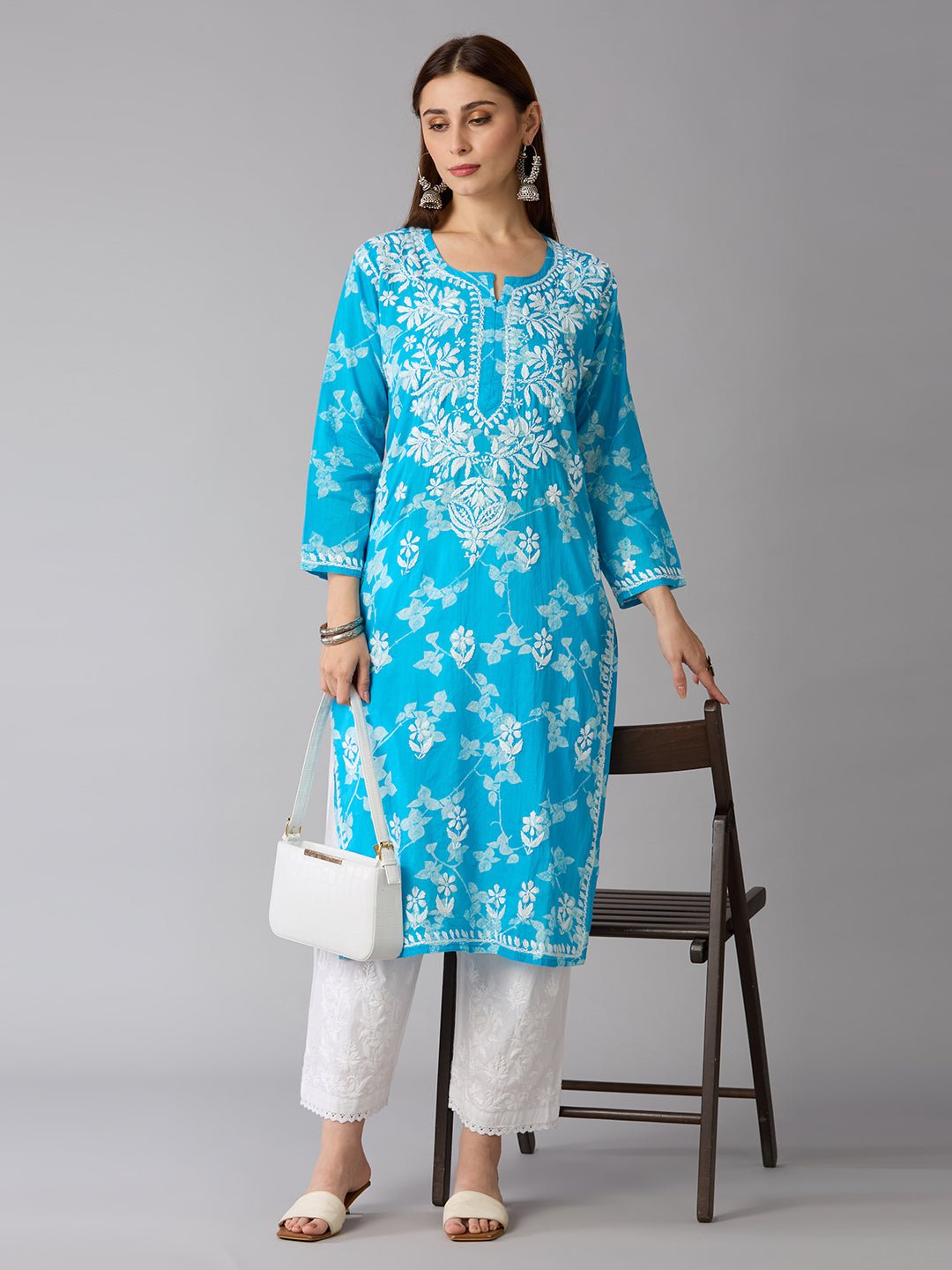Lucknow Chikankari Hand Embroidered Long Kurta Mulmul - Indiankala4u