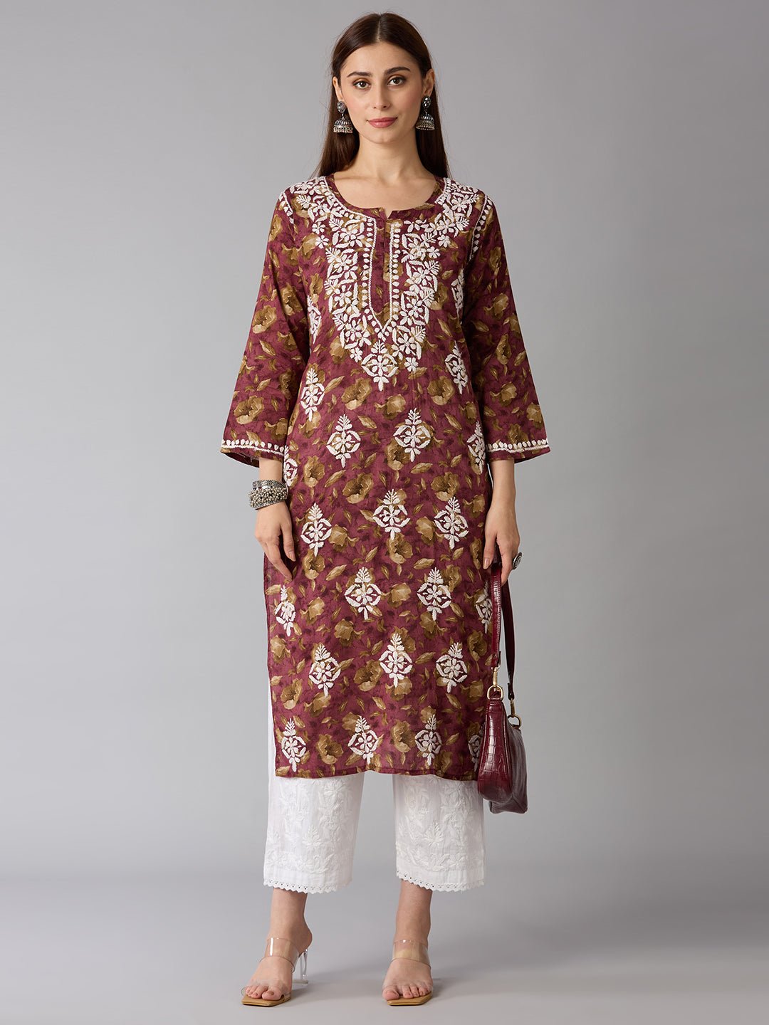 Lucknow Chikankari Hand Embroidered Long Kurta Mulmul - Indiankala4u