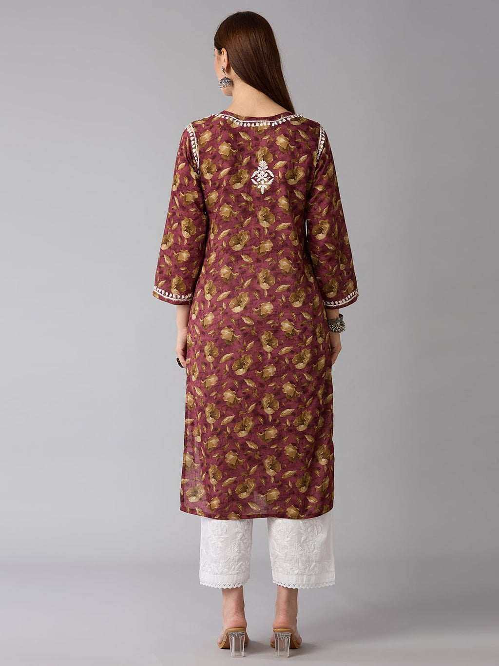Lucknow Chikankari Hand Embroidered Long Kurta Mulmul - Indiankala4u